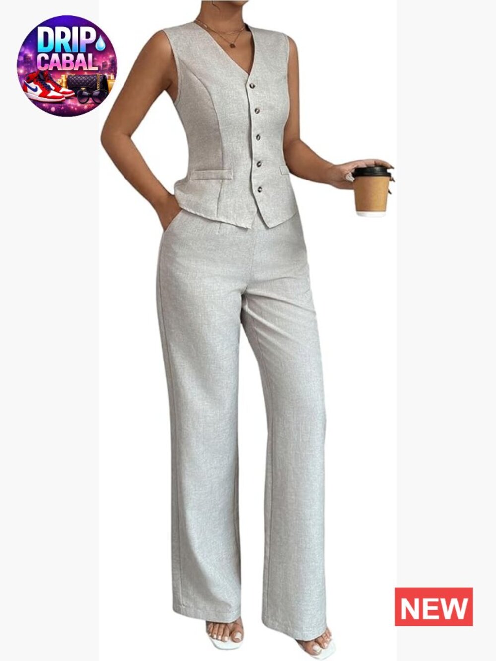 V Neck Button Down Vest Top & High Waisted Pants Set Pantsuit Work Suit
